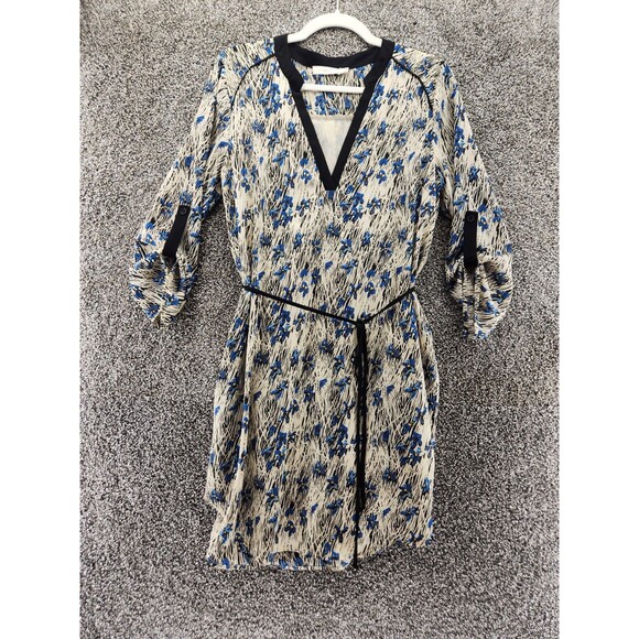 Lush Large Cream Color With Blue Flowers V-Neck Dress With Belt 7.6590 - Picture 1 of 6